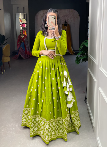 Lakhnavi Work Cotton Parrot Green Traditional Lehenga Choli